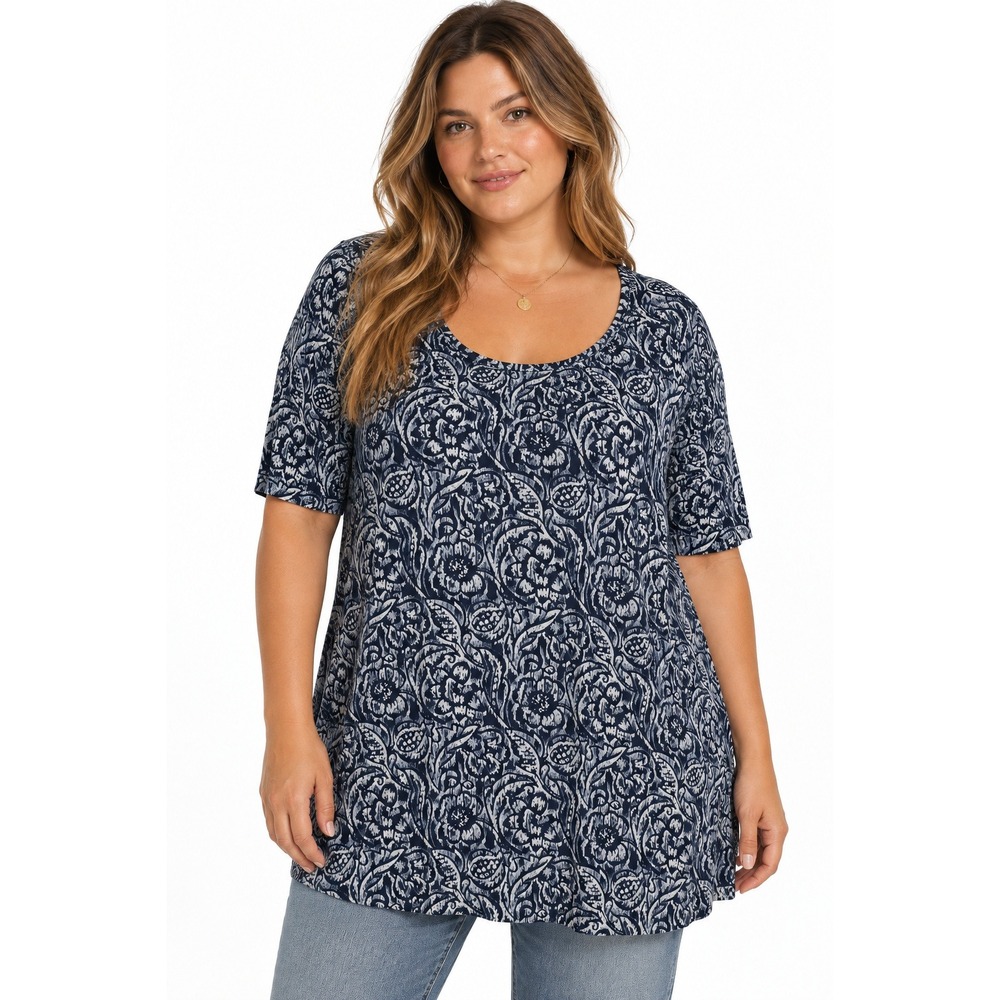 Cato Knit Top Women 22/24 Blue White Paisley Floral Damask Short Sleeve Scoop